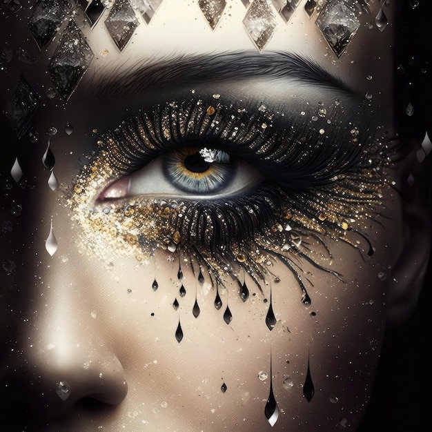 Eye with Super Black Gold Makeup Beautiful Luxury Woman Eye Vantablack Makeup Generative AI Illustration