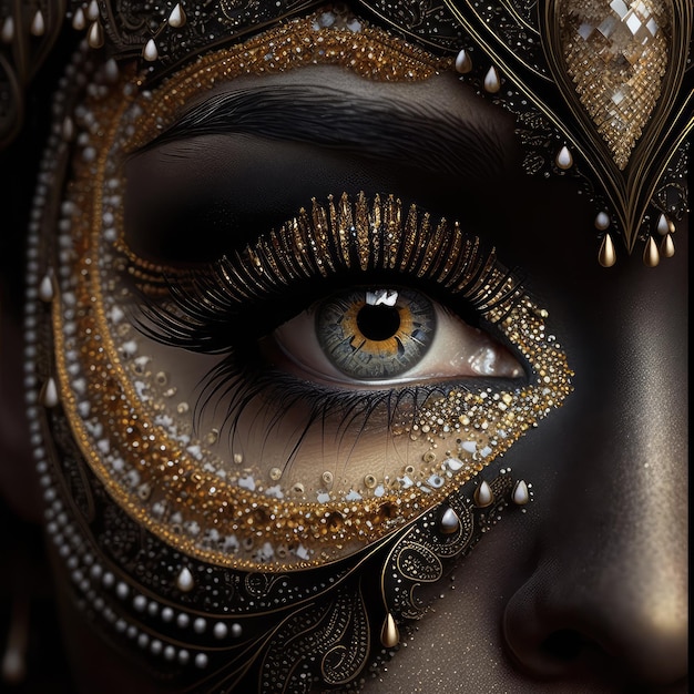 Eye with Super Black Gold Makeup Beautiful Luxury Woman Eye Vantablack Makeup Generative AI Illustration