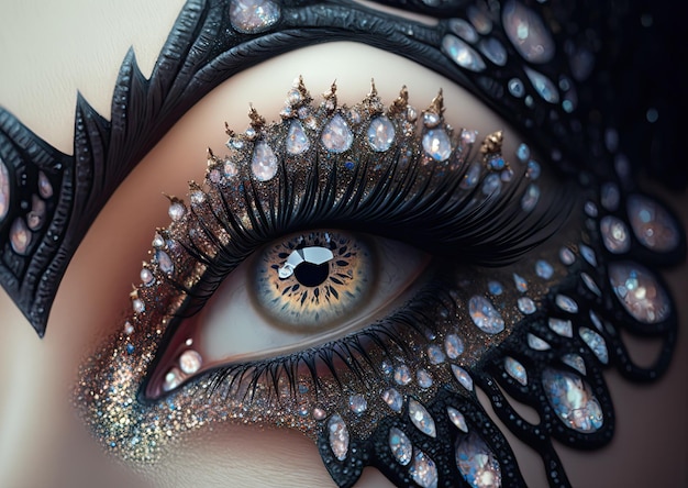 슈퍼 블랙 골드 메이크업으로 눈 아름다운 럭셔리 여성 눈 Vantablack 메이크업 생성 AI 일러스트레이션