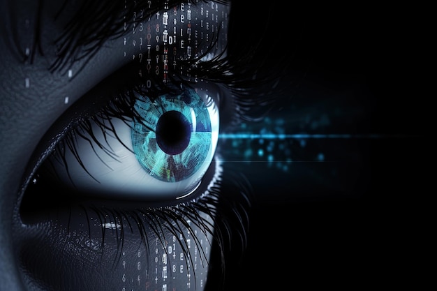 Глаз с технологией для футуристической виртуальной реальности Биометрическое сканирование и сканирование сетчатки глаза Безопасность личных данных