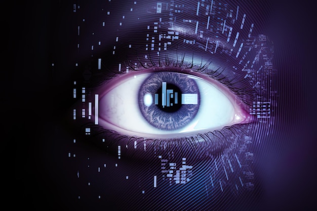 Глаз с технологией для футуристической виртуальной реальности Биометрическое сканирование и сканирование сетчатки глаза Безопасность персональных данных