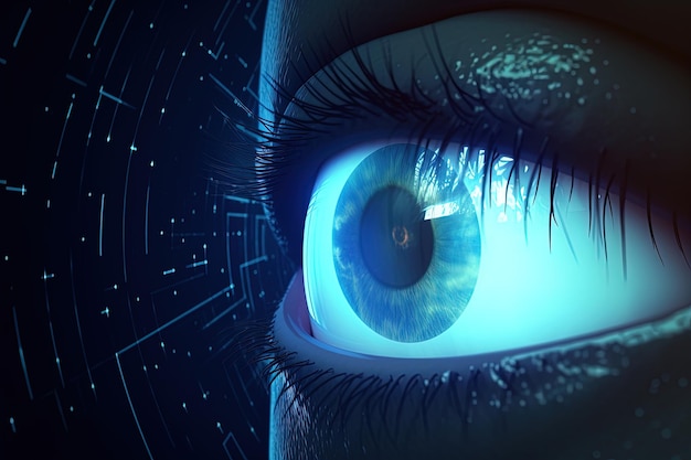 Eye with technology for futuristic VR Biometric and retinal scanning personal data security