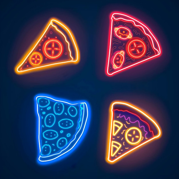 eyecatching assortment of neon glass icons depicting delicious pizzas with various toppings glowing in neon lights suitable for adding a modern flair to digital menus and print materials