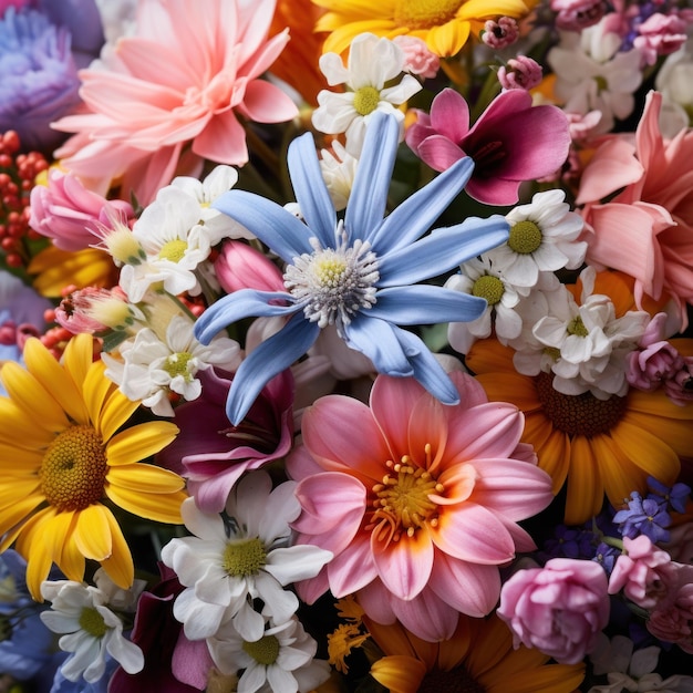 新しく収 ⁇ された春の花のカラフルな花束の目を引くイメージ