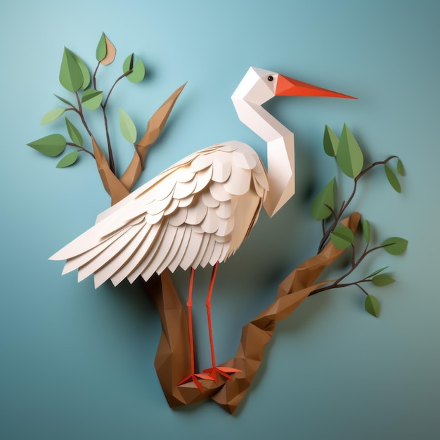 Photo eyecatching stork paper craft with polygon design on tree branch