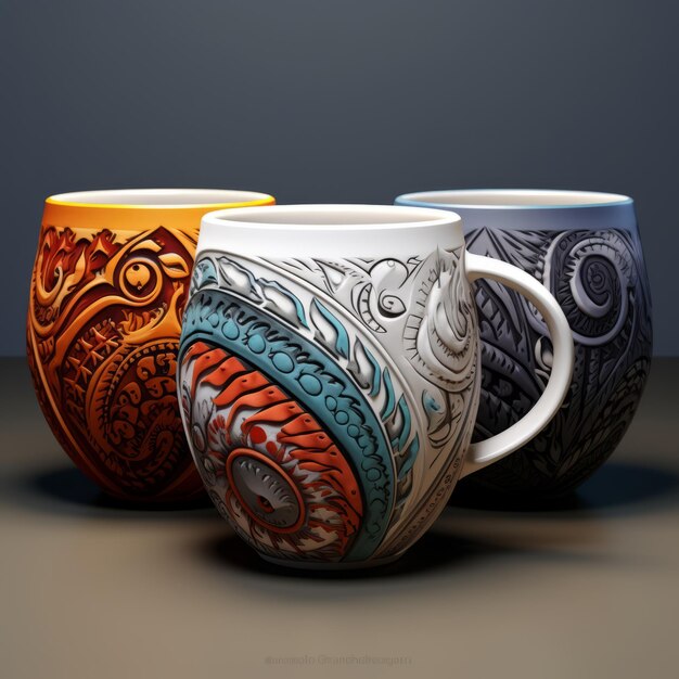 Photo eyecatching three colored mugs with intricate patterns for coffee table