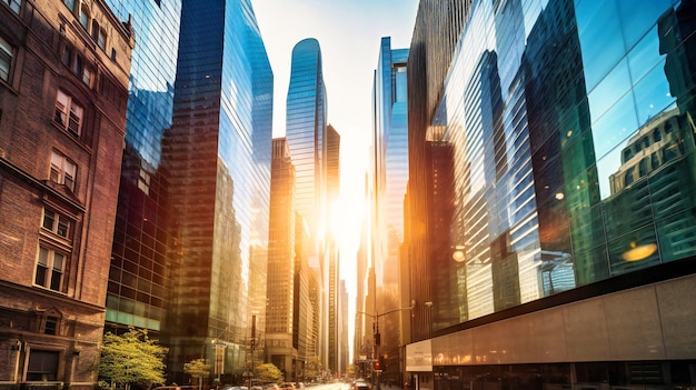Привлекательный вид на современные небоскребы в финансовом районе, отражающие солнечный свет в солнечный день.