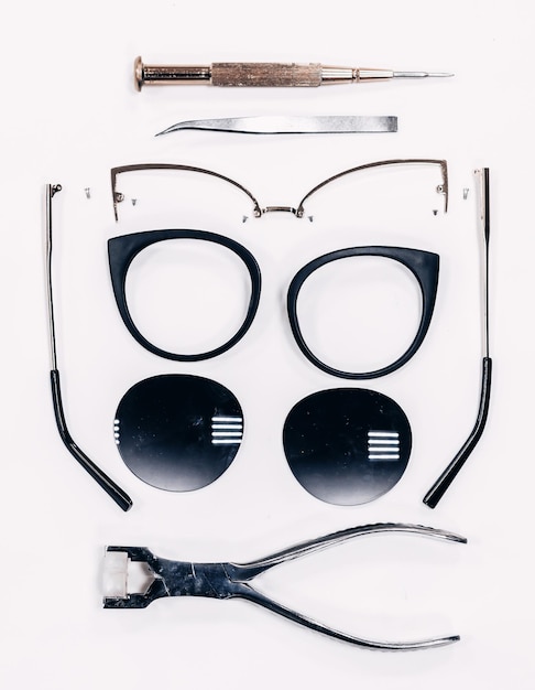 Eyeglass frame disassembled for parts