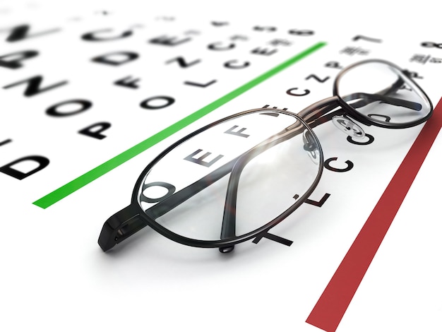 Eyeglasses and eye chart. Three-dimensional image with dof.