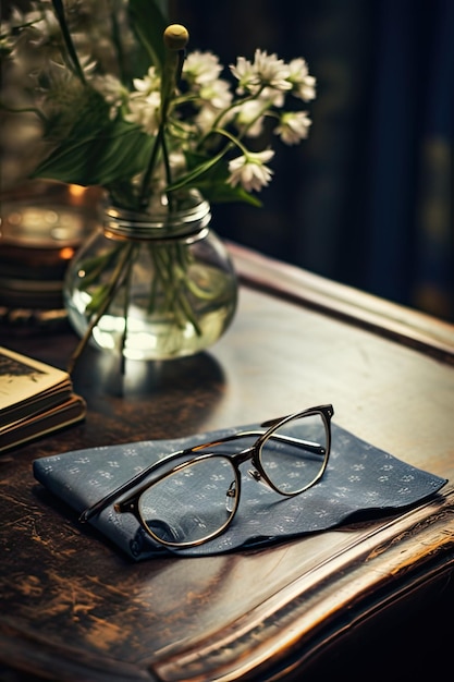 eyeglasses on a fabric with flowerpot