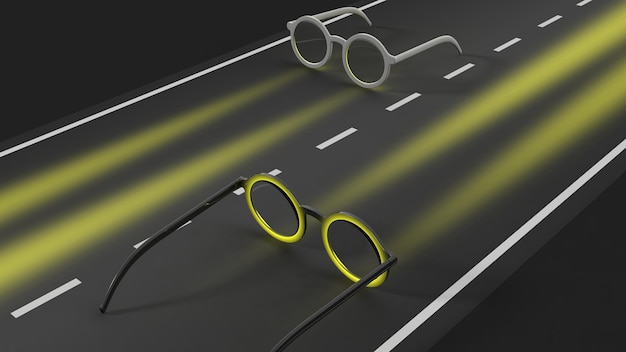 Eyeglasses on highway conceptual background