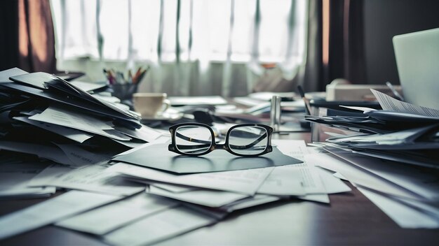 Photo eyeglasses on a office desk fulll papers in black and white