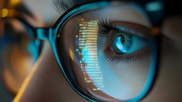 コードまたはプログラミングデータを表示するコンピュータ画面を反射する眼鏡