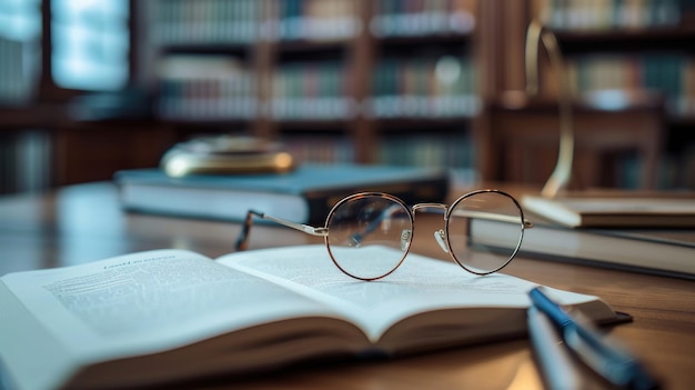 Eyeglasses resting on an open book in a library