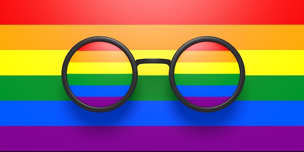 Eyeglasses round black with prescription lens isolated on a rainbow gay pride background 3d illustration