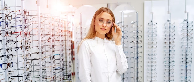 Eyeglasses shop Stand with glasses in the store of optics Woman chooses spectacles