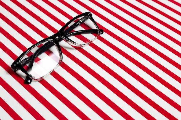 Eyeglasses with reflection in the glass on red and white striped background Copy space