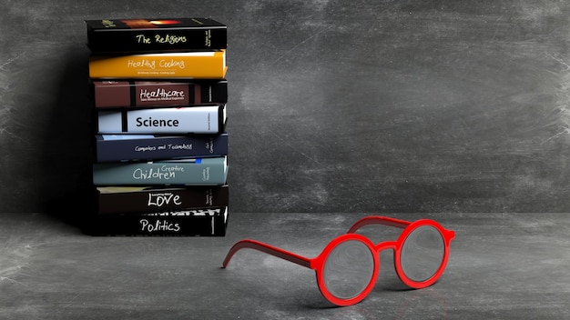 Photo eyeglasses with stack of books and chalkboard with copyspace