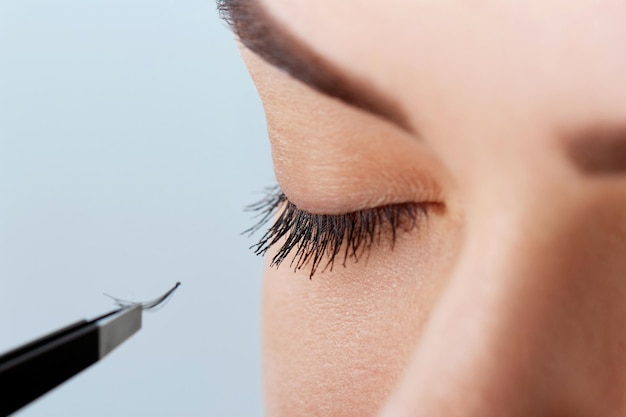 Eyelash Extension Procedure Woman Eye with Long Eyelashes Lashes close up macro selective focus