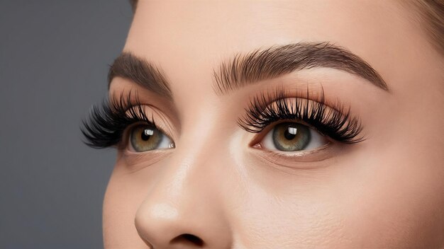 Eyelash extension procedure woman eye with long eyelashes lashes close up