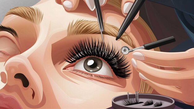 Eyelash extension procedure woman eye with long eyelashes