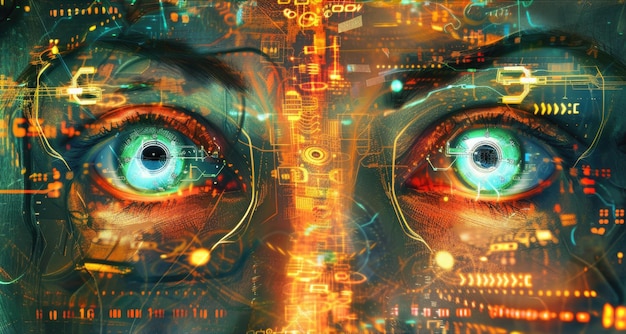 Глаза хакера или пользователя компьютера с абстрактными цифровыми данными фона лица и безопасной сетевой информацией Концепция кибербезопасности AI шпионская технология хакерского искусства