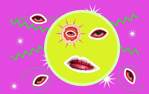 Photo eyes and lips on a pink background collage in pop art style
