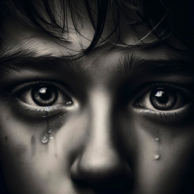 eyes sadness of boy on black background ai generative