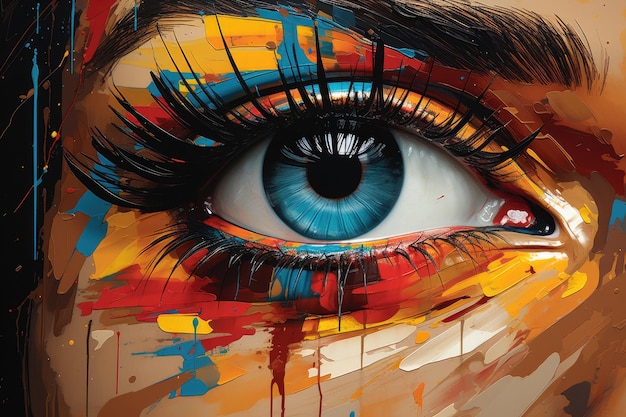 The eyes of a woman are painted in bright colors.