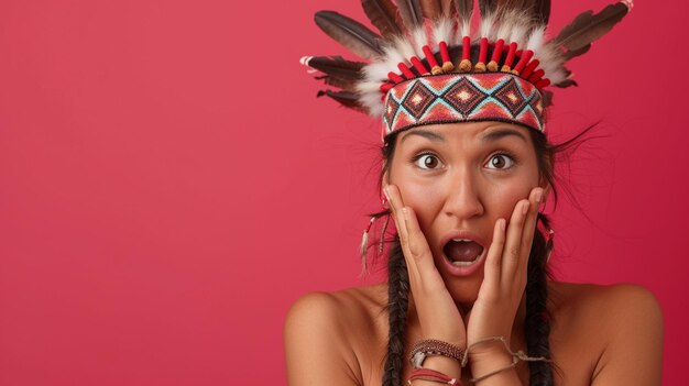 Eyes of Wonder Native American Woman Exuding Surprise and Amazement Isolated Against Solid Background with Copy Space