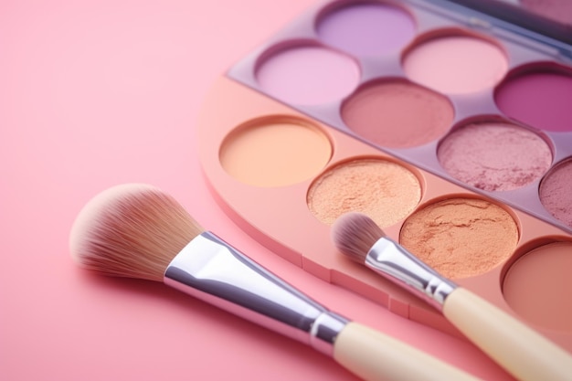 Eyeshadow palette makeup brushes blush and face powder on pastel pink background AI generated