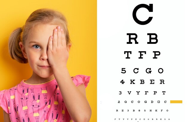 Eyesight check girl covering one eye with hand ophthalmology concept