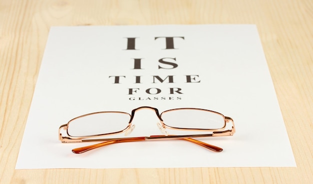 Eyesight test chart with glasses on wooden background closeup