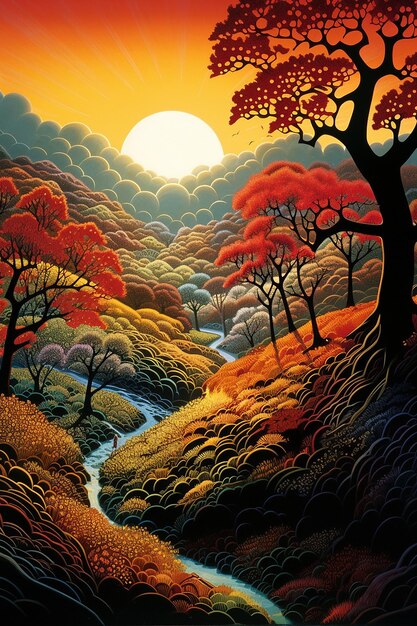 Eyvind earle sunlight on trees hills leaves autumn landscape