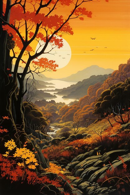 Eyvind earle sunlight on trees hills leaves autumn landscape