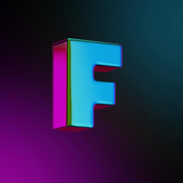 Lettera f neon metallo colorato 3d reso illustrazione colore blu e viola isolato. illustrazione 3d