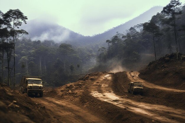 F road cars full of mud on a mountain road