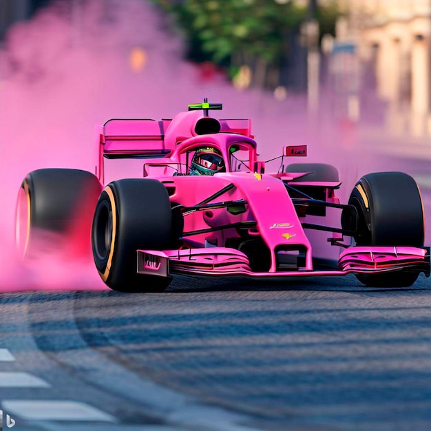 AN F1 CAR ON A STREET WITH SMOKE ON THE TIRES