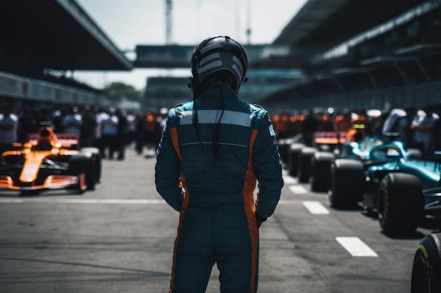 Photo f1 driver standing up at starting line generative ai