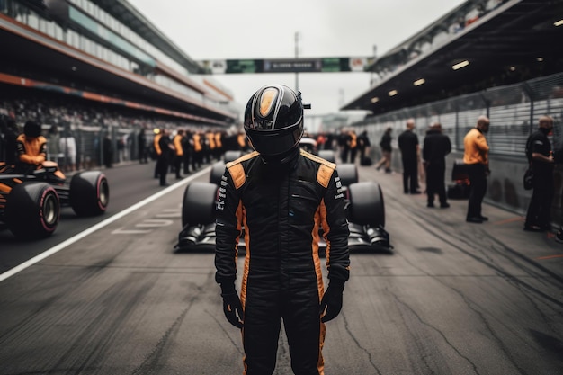 F1 driver standing up at starting line generative AI