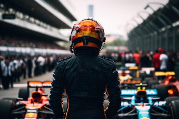 F1 driver standing up at starting line generative AI