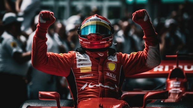 An F1 Formula One driver celebrates the Grand Prix victory beautiful Generative AI AIG32