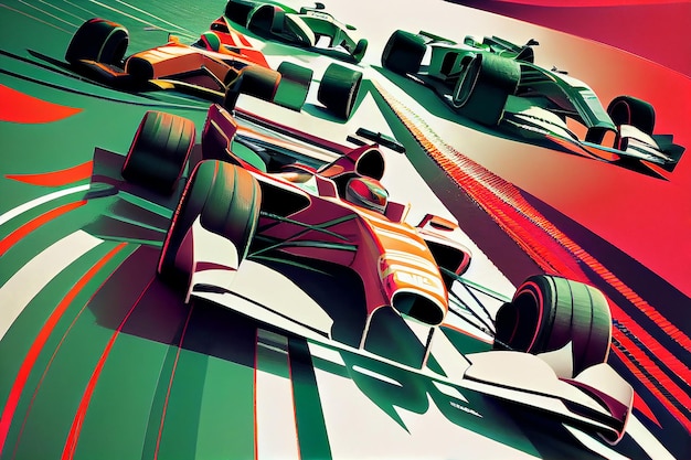 F1 Formule 1-race met verschillende auto's die met hoge snelheid strijden op een modern circuit Generative Ai