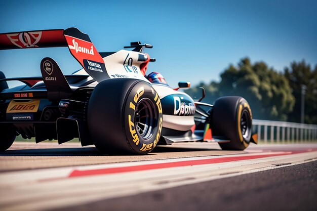 Foto pilota di f1 che guida un'auto formula per lo sfondo della carta da parati della competizione di corse professionali per auto a carburante