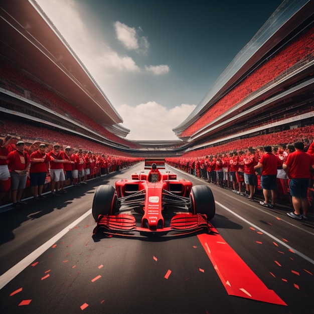 A F1 Red Car in a Track With many Fans celebrating