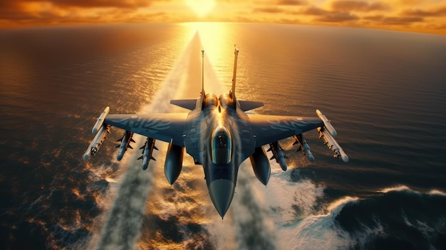 F16 air force fighter flying over the sea at super low altitude Beautiful sunset over horizon Jet military aircraft launching missiles makes a training flight Closeup top view 3D rendering