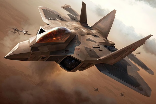 F22 Raptor tijdens de vlucht met dampwolken Illustratie van generatieve AI van straaljager