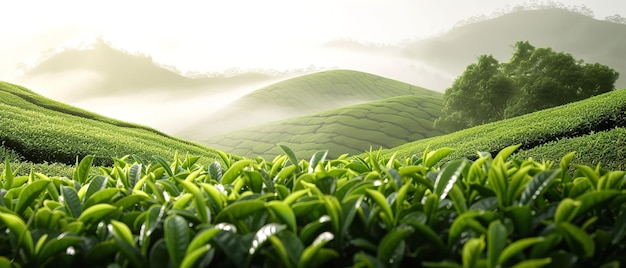 Fabelachtige theeplanten omringd door een heldere lucht bieden een nevelrijke landelijke sfeer en ruimte Generatieve AI