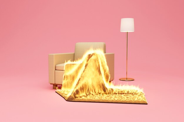 Fabric Armchair with blanket in Fire Flame and Lamp on Studio bakground