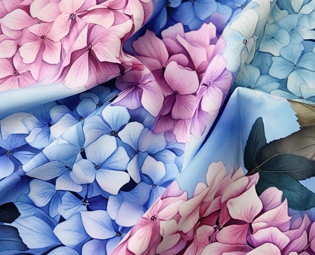파란색과 보라색의 꽃무늬 패브릭 디자인